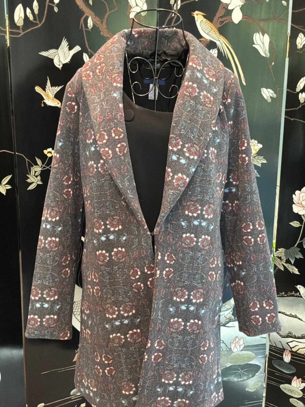 Colleen Lopez Printed Shawl Collar Mid Length Winter Coat Grey XS
